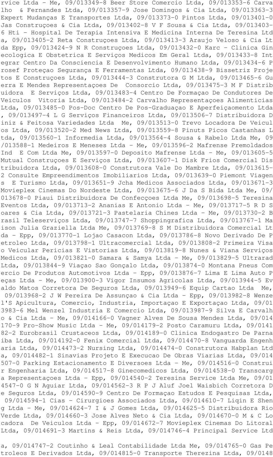 Ltda, 09/013413-3 Araujo Veloso & Cia Lt da Epp, 09/013424-9 N R Construçoes Ltda, 09/013432-0 Karc - Clinica Gin ecologica E Obstetrica E Serviços Medicos Em Geral Ltda, 09/013433-8 Int egrar Centro