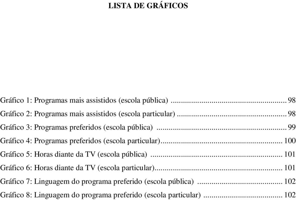 .. 99 Gráfico 4: Programas preferidos (escola particular)... 100 Gráfico 5: Horas diante da TV (escola pública).