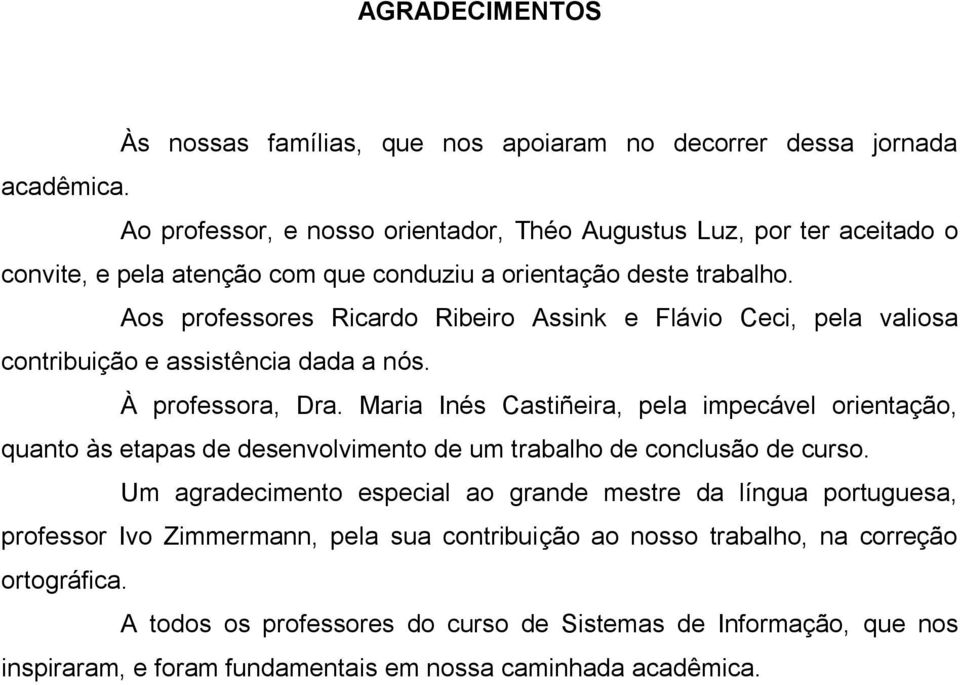 Aos professores Ricardo Ribeiro Assink e Flávio Ceci, pela valiosa contribuição e assistência dada a nós. À professora, Dra.