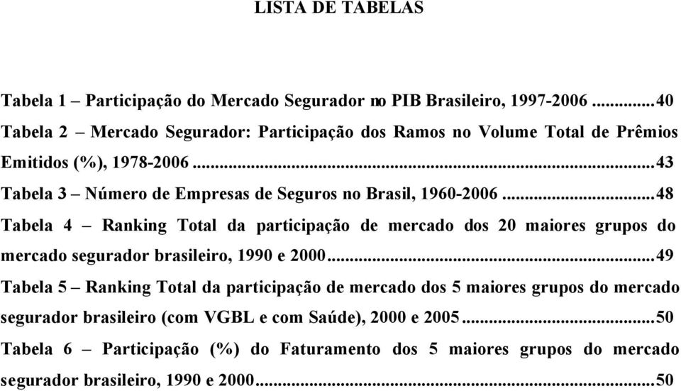 ..43 Tabela 3 Número de Empresas de Seguros no Brasil, 1960-2006.