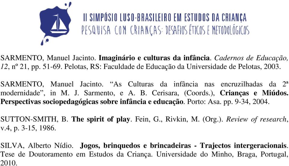 Perspectivas sociopedagógicas sobre infância e educação. Porto: Asa. pp. 9-34, 2004. SUTTON-SMITH, B. The spirit of play. Fein, G., Rivkin, M. (Org.). Review of research, v.