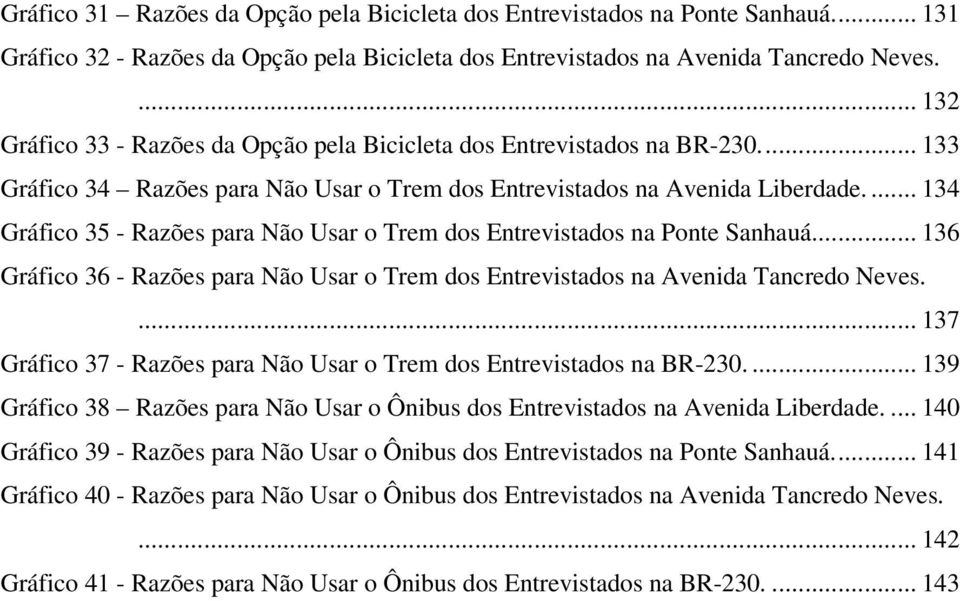 ... 134 Gráfico 35 - Razões para Não Usar o Trem dos Entrevistados na Ponte Sanhauá... 136 Gráfico 36 - Razões para Não Usar o Trem dos Entrevistados na Avenida Tancredo Neves.