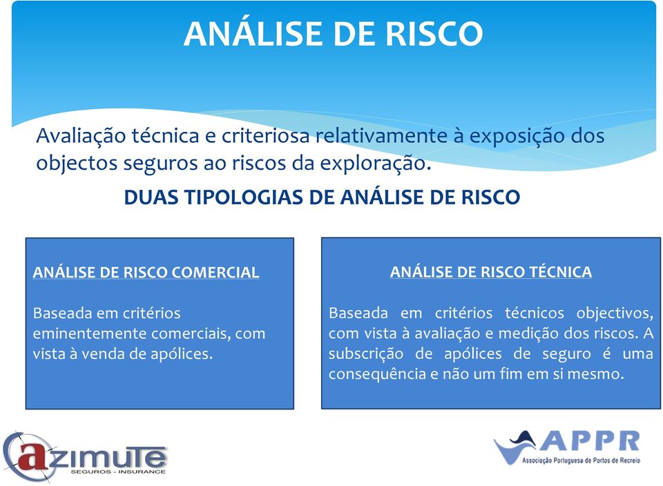 DUAS TIPOLOGIAS DE ANÁLISE DE RISCO ANÁLISE DE RISCO COMERCIAL Baseada em critérios eminentemente comerciais,