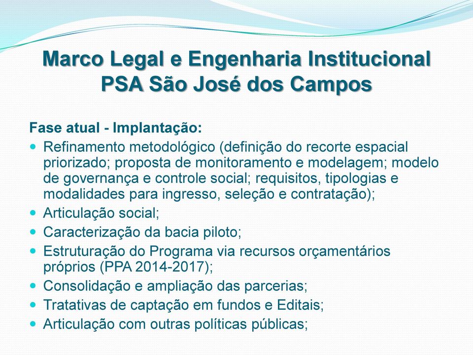 ingresso, seleção e contratação); Articulação social; Caracterização da bacia piloto; Estruturação do Programa via recursos orçamentários