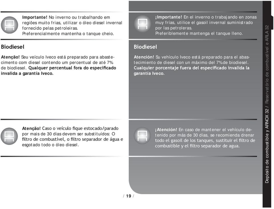 Caso o veículo fique estocado/parado por mais de 30 dias devem ser substituídos: O filtro de combustível, o filtro separador de água e esgotado todo o óleo diesel. Biodiesel Importante!