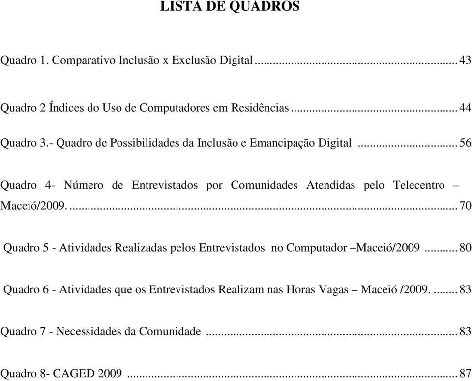 .. 56 Quadro 4- Número de Entrevistados por Comunidades Atendidas pelo Telecentro Maceió/2009.