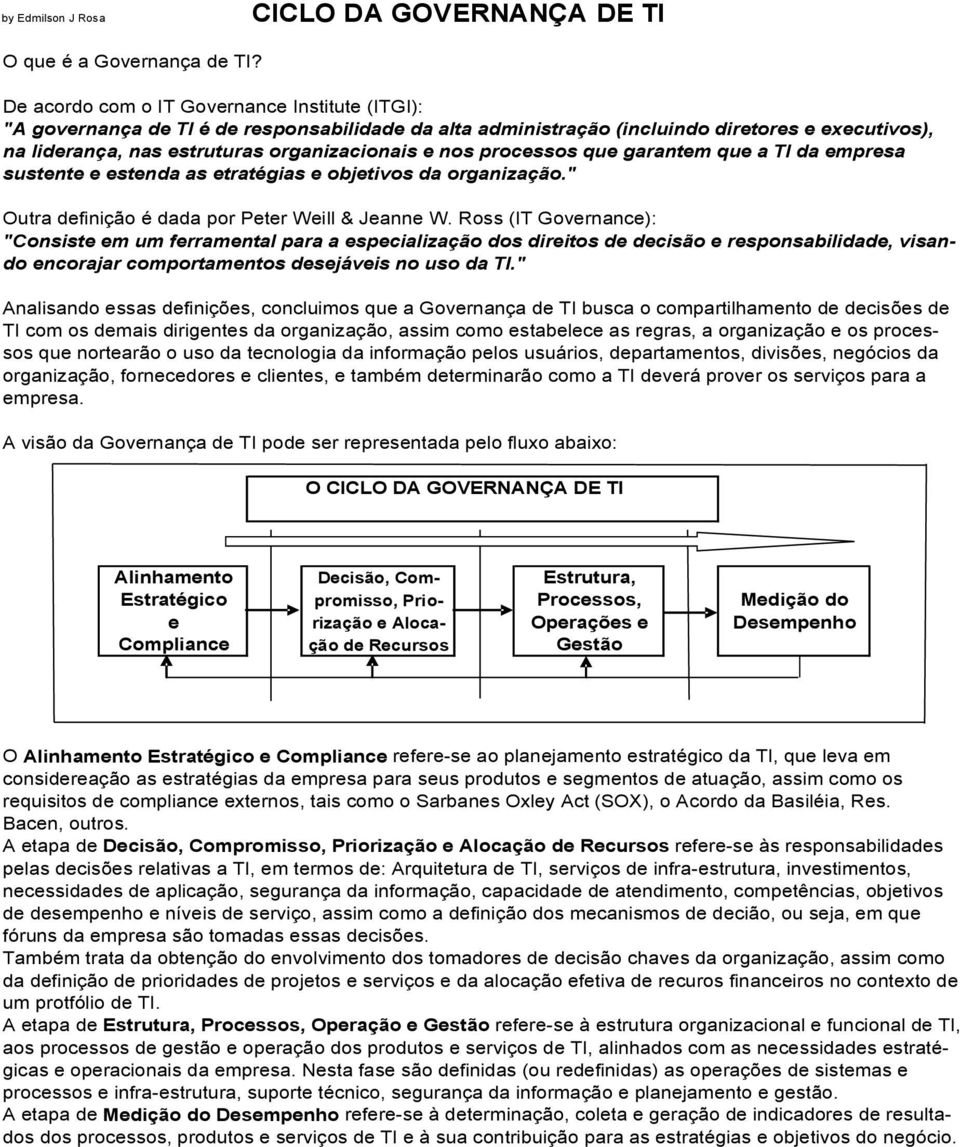 processos que garantem que a TI da empresa sustente e estenda as etratégias e objetivos da organização." Outra definição é dada por Peter Weill & Jeanne W.