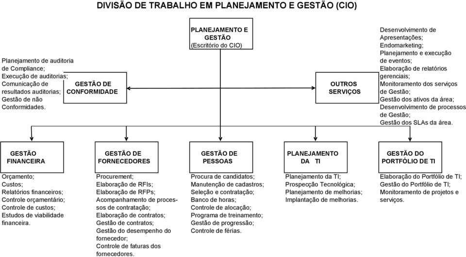 Gestão de não Gestão dos ativos da área; Conformidades. Desenvolvimento de processos de Gestão; Gestão dos SLAs da área.