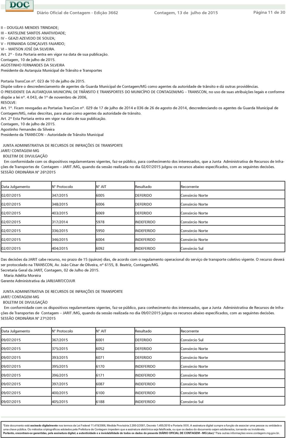 AGOSTINHO FERNANDES DA SILVEIRA Presidente da Autarquia Municipal de Trânsito e Transportes Portaria TransCon nº. 023 de 10 de julho de 2015.