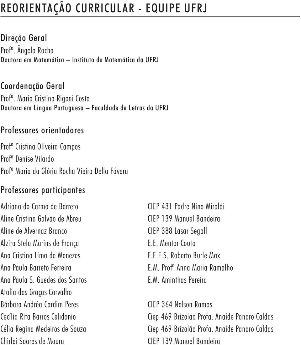 Della Fávera Professores participantes Adriana do Carmo de Barreto Aline Cristina Galvão de Abreu Aline de Alvernaz Branco Alzira Stela Marins de França Ana Cristina Lima de Menezes Ana Paula Barreto