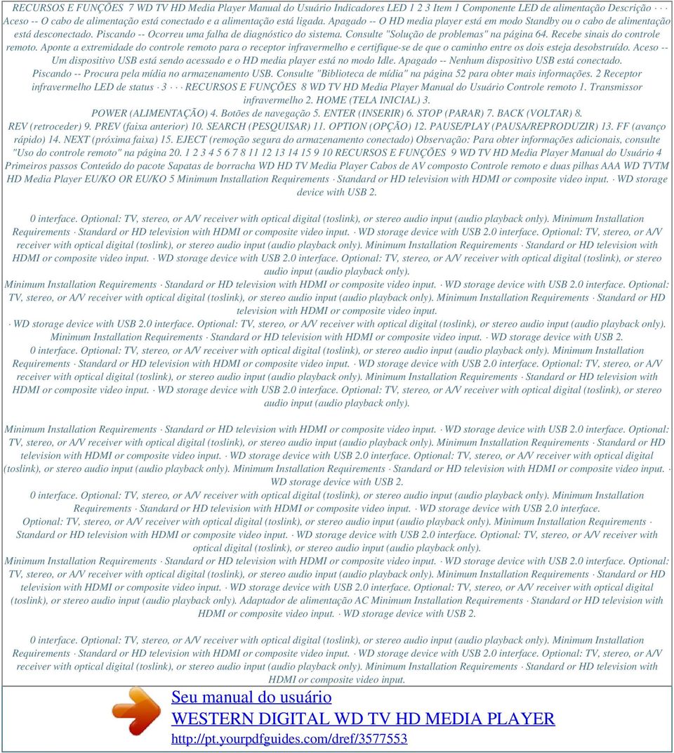 Consulte "Solução de problemas" na página 64. Recebe sinais do controle remoto.