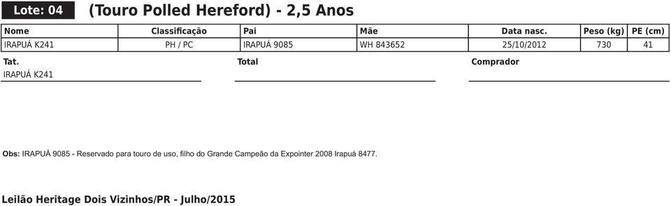 IRAPUÁ K241 Obs: IRAPUÁ 9085 - Reservado para touro de