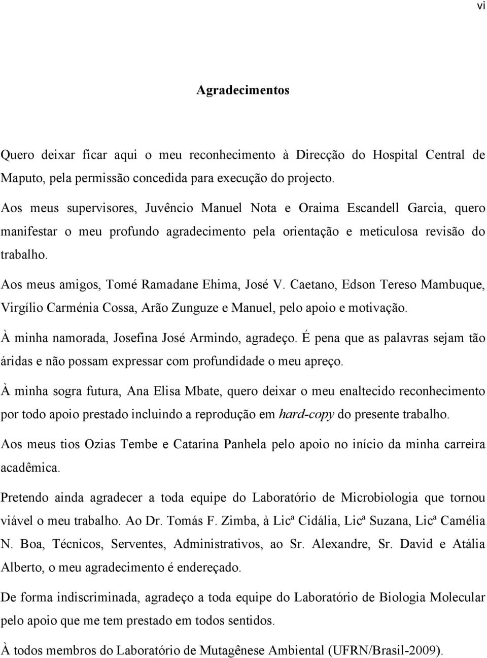 Aos meus amigos, Tomé Ramadane Ehima, José V. Caetano, Edson Tereso Mambuque, Virgílio Carménia Cossa, Arão Zunguze e Manuel, pelo apoio e motivação. À minha namorada, Josefina José Armindo, agradeço.