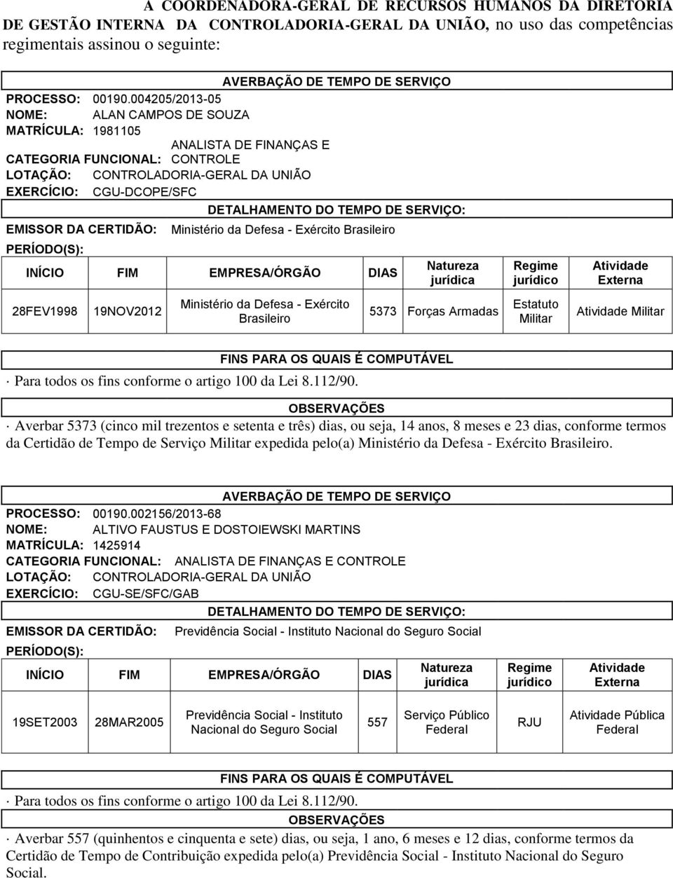 004205/2013-05 NOME: ALAN CAMPOS DE SOUZA MATRÍCULA: 1981105 ANALISTA DE FINANÇAS E CATEGORIA FUNCIONAL: CONTROLE LOTAÇÃO: CONTROLADORIA-GERAL DA UNIÃO EXERCÍCIO: CGU-DCOPE/SFC DETALHAMENTO DO TEMPO