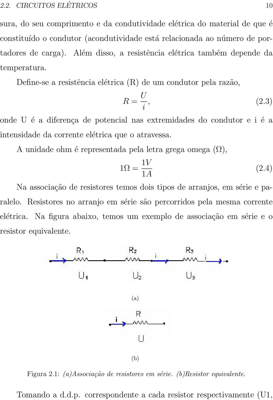 3) onde U é a diferença de potencial nas extremidades do condutor e i é a intensidade da corrente elétrica que o atravessa. A unidade ohm é representada pela letra grega omega (Ω), 1Ω = 1V 1A (2.