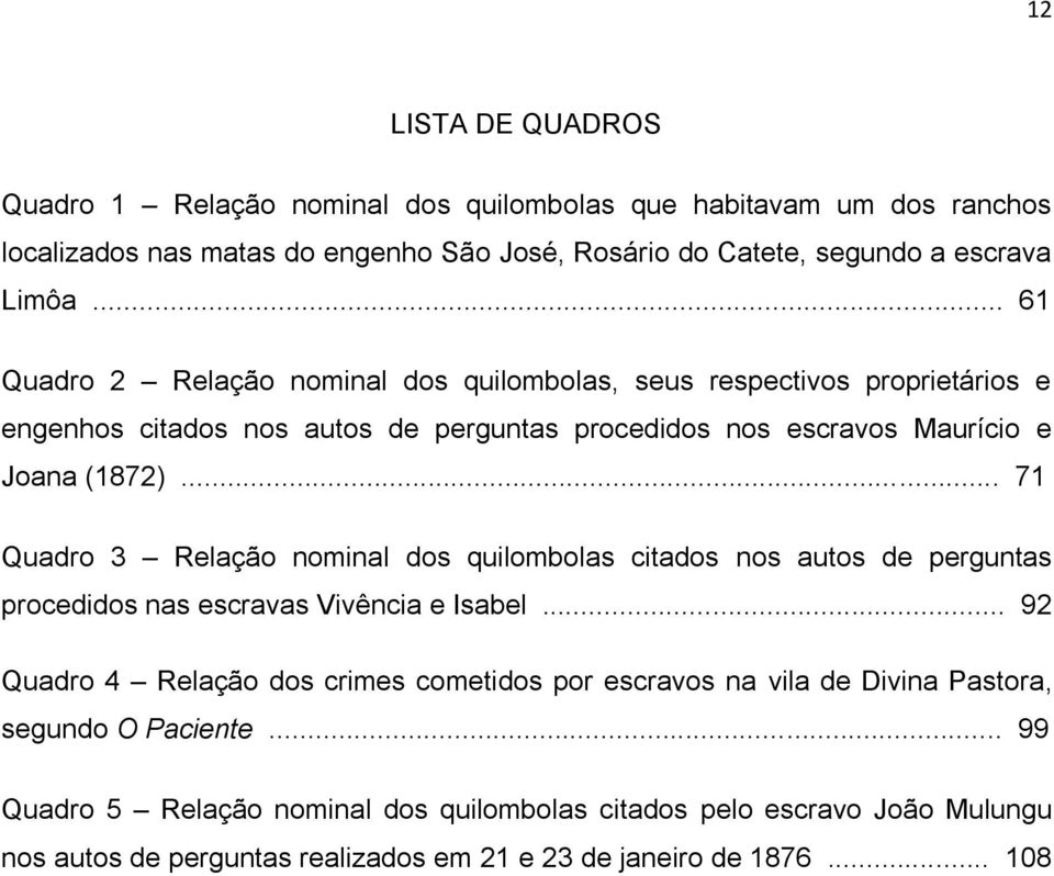 .. 71 Quadro 3 Relação nominal dos quilombolas citados nos autos de perguntas procedidos nas escravas Vivência e Isabel.