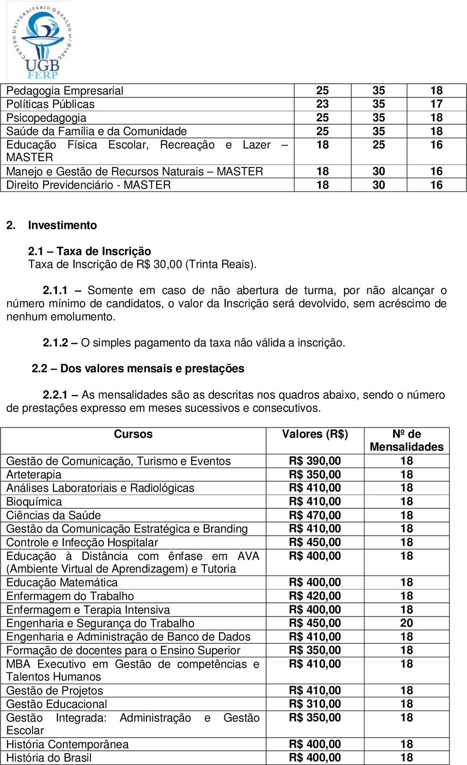 2.1.2 O simples pagamento da taxa não válida a inscrição. 2.2 Dos valores mensais e prestações 2.2.1 As mensalidades são as descritas nos quadros abaixo, sendo o número de prestações expresso em meses sucessivos e consecutivos.