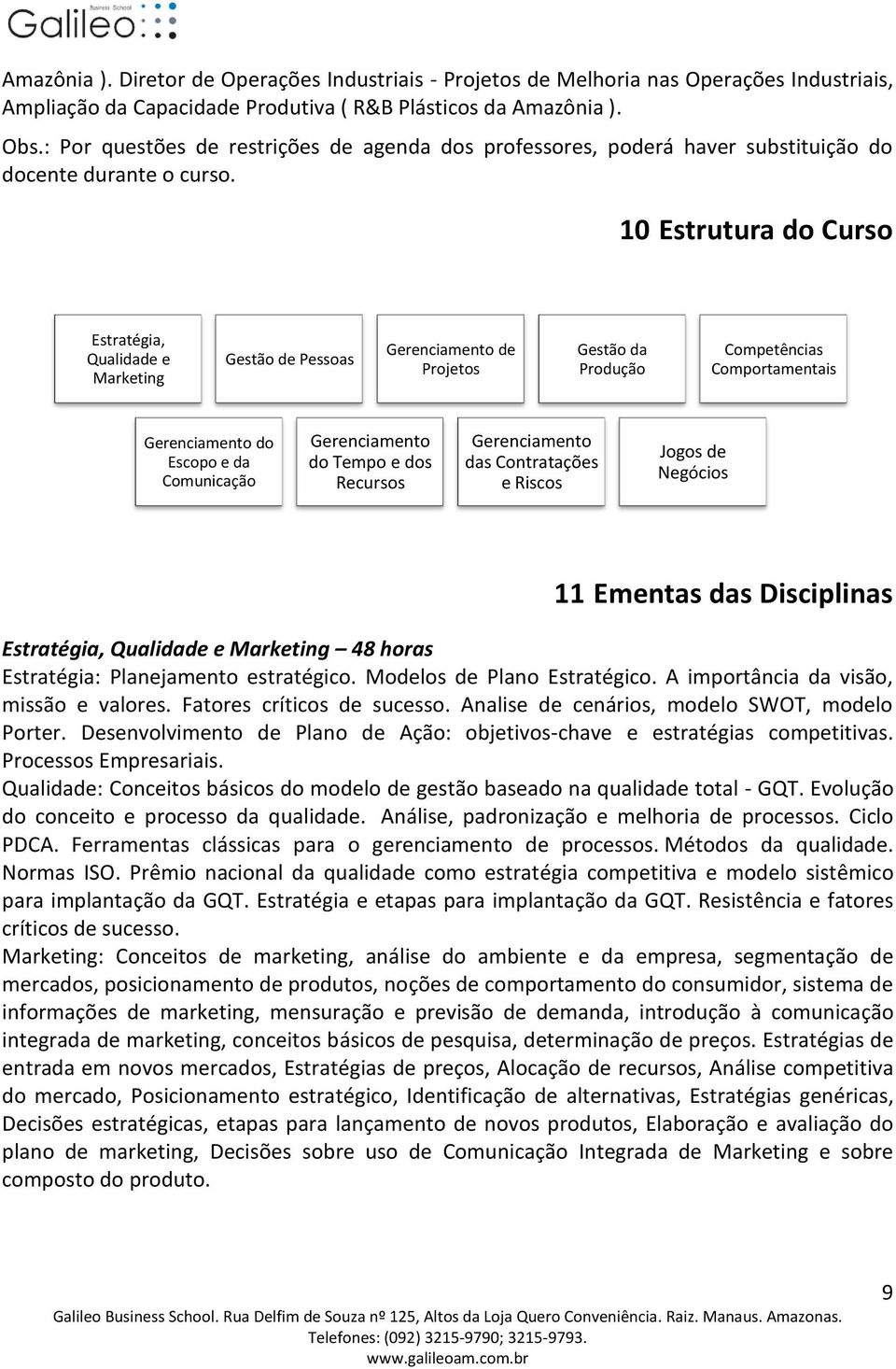 10 Estrutura do Curso Estratégia, Qualidade e Marketing Gestão de Pessoas Gerenciamento de Projetos Gestão da Produção Competências Comportamentais Gerenciamento do Escopo e da Comunicação