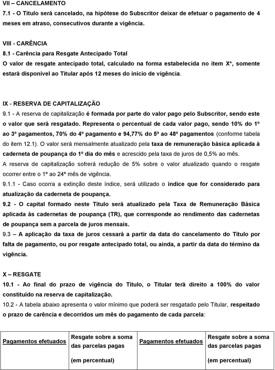 IX - RESERVA DE CAPITALIZAÇÃO 9.1 - A reserva de capitalização é formada por parte do valor pago pelo Subscritor, sendo este o valor que será resgatado.