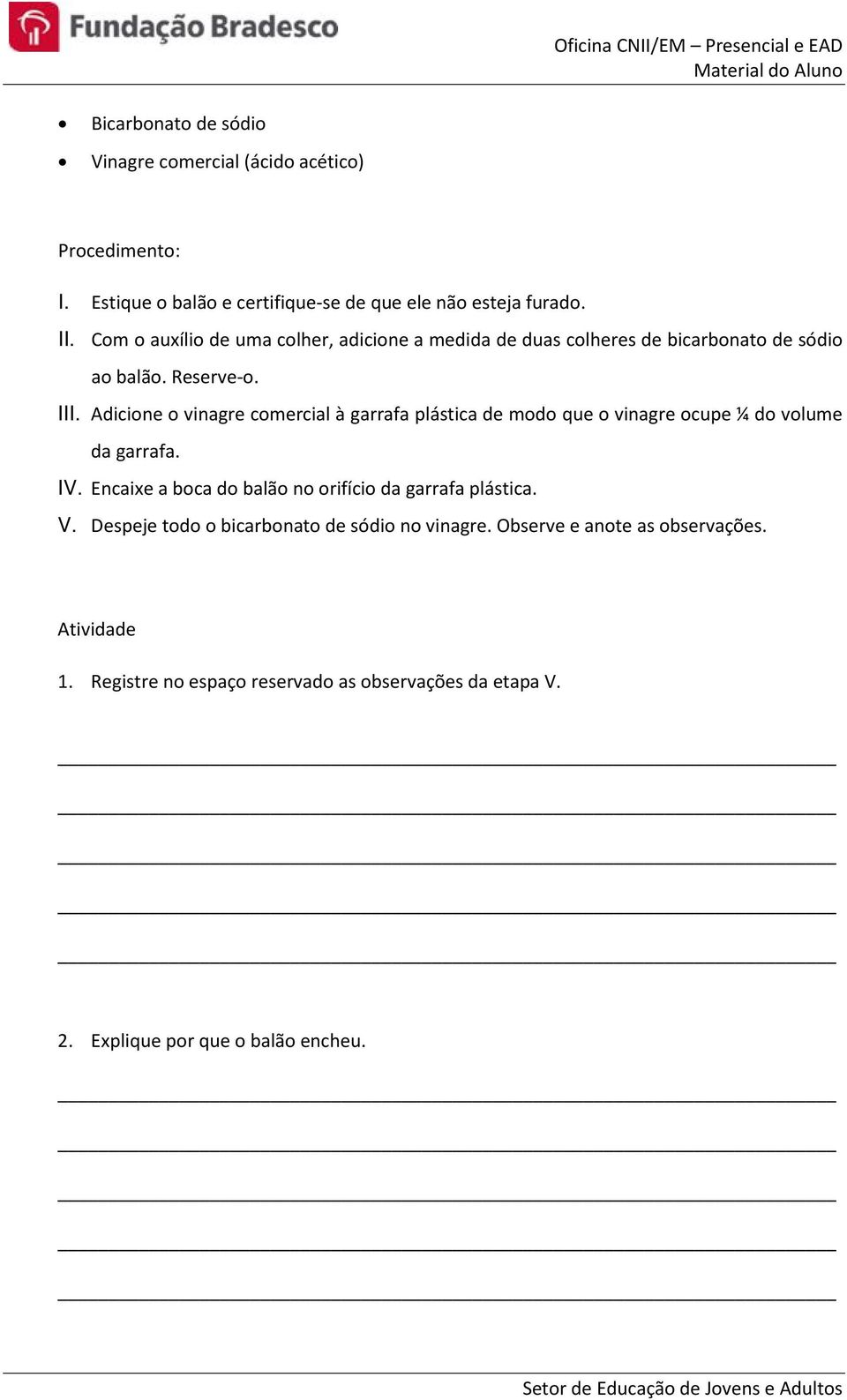 Adicione o vinagre comercial à garrafa plástica de modo que o vinagre ocupe ¼ do volume da garrafa. IV.