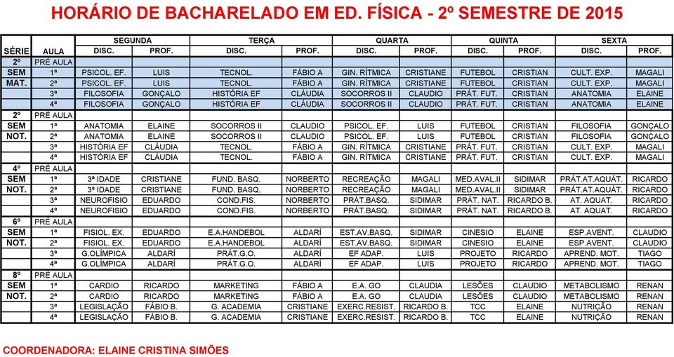 FUT. CRISTIAN ANATOMIA ELAINE 4ª FILOSOFIA GONÇALO HISTÓRIA EF CLÁUDIA SOCORROS II CLAUDIO PRÁT. FUT. CRISTIAN ANATOMIA ELAINE 2º PRÉ AULA SEM 1ª ANATOMIA ELAINE SOCORROS II CLAUDIO PSICOL. EF. LUIS FUTEBOL CRISTIAN FILOSOFIA GONÇALO NOT.