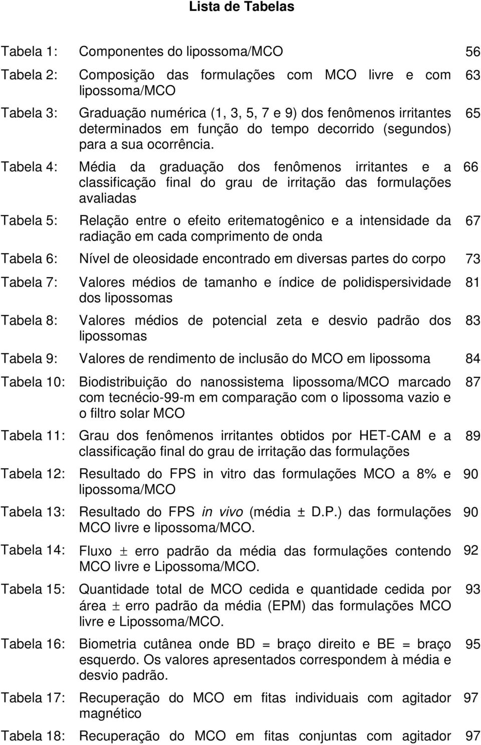 Tabela 4: Média da graduação dos fenômenos irritantes e a classificação final do grau de irritação das formulações avaliadas Tabela 5: Relação entre o efeito eritematogênico e a intensidade da