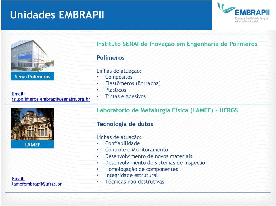 br Compósitos Elastômeros (Borracha) Plásticos Tintas e Adesivos Laboratório de Metalurgia Física (LAMEF) - UFRGS Tecnologia de