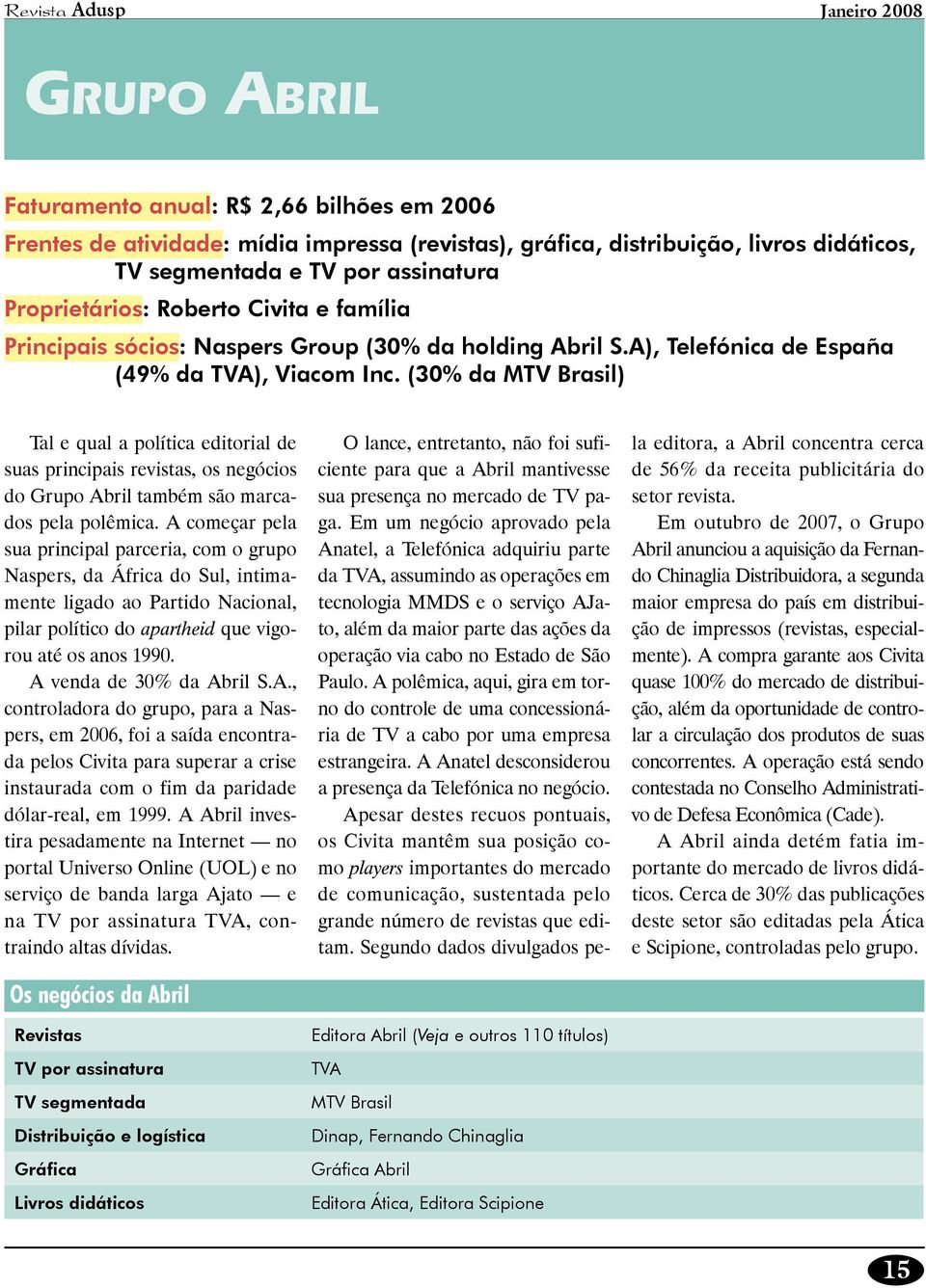 (30% da MTV Brasil) Tal e qual a política editorial de suas principais revistas, os negócios do Grupo Abril também são marcados pela polêmica.