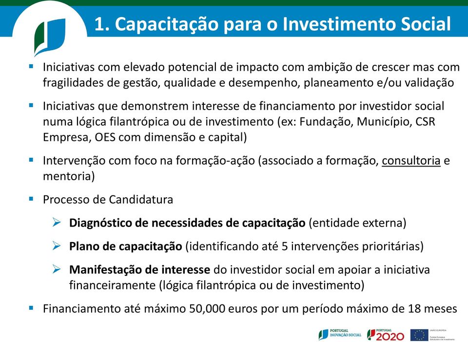 com foco na formação-ação (associado a formação, consultoria e mentoria) Processo de Candidatura Diagnóstico de necessidades de capacitação (entidade externa) Plano de capacitação (identificando até