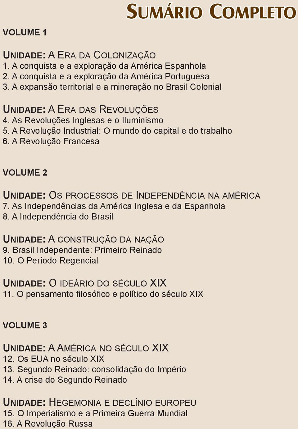 A Revolução Francesa VOLUME 2 UNIDADE: OS PROCESSOS DE INDEPENDÊNCIA NA AMÉRICA 7. As Independências da América Inglesa e da Espanhola 8. A Independência do Brasil UNIDADE: A CONSTRUÇÃO DA NAÇÃO 9.