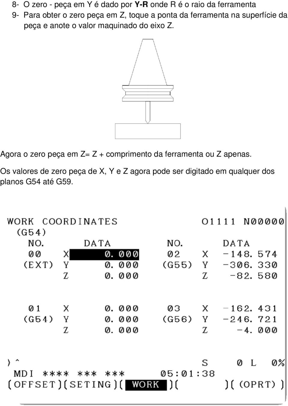 maquinado do eixo Z. Agora o zero peça em Z= Z + comprimento da ferramenta ou Z apenas.