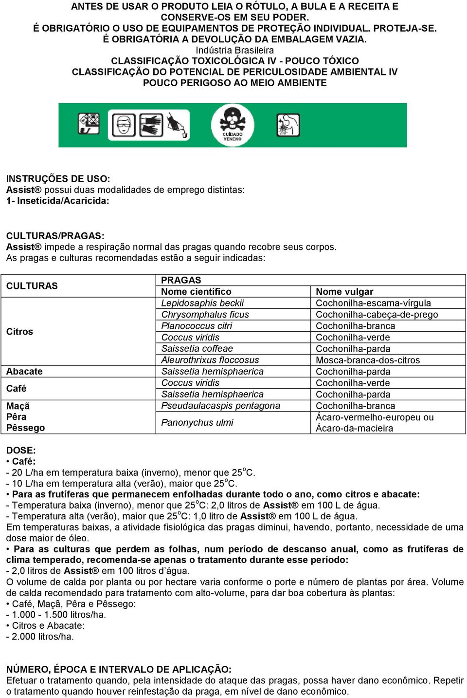 Indústria Brasileira CLASSIFICAÇÃO TOXICOLÓGICA IV - POUCO TÓXICO CLASSIFICAÇÃO DO POTENCIAL DE PERICULOSIDADE AMBIENTAL IV POUCO PERIGOSO AO MEIO AMBIENTE INSTRUÇÕES DE USO: Assist possui duas