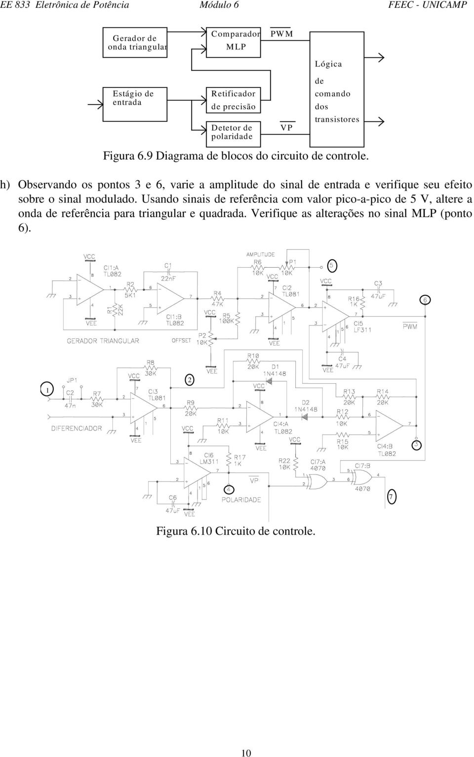 h) Observando os pontos 3 e 6, varie a amplitude do sinal de entrada e verifique seu efeito sobre o sinal modulado.