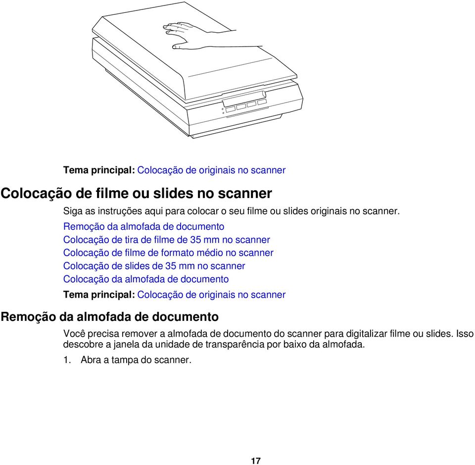 Remoção da almofada de documento Colocação de tira de filme de 35 mm no scanner Colocação de filme de formato médio no scanner Colocação de slides de 35 mm no