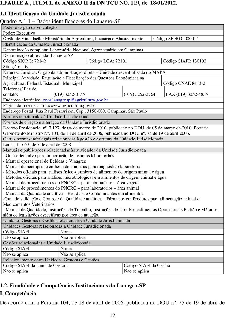 em Campinas Denominação abreviada: Lanagro-SP Código SIORG: 72142 Código LOA: 22101 Código SIAFI: 130102 Situação: ativa Natureza Jurídica: Órgão da administração direta Unidade descentralizada do