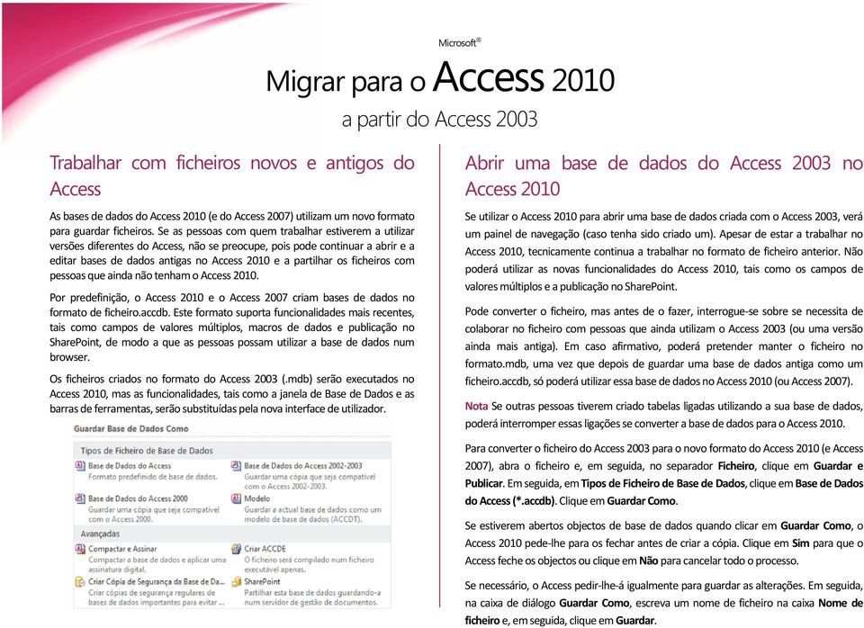 ficheiros com pessoas que ainda não tenham o Access 2010. Por predefinição, o Access 2010 e o Access 2007 criam bases de dados no formato de ficheiro.accdb.