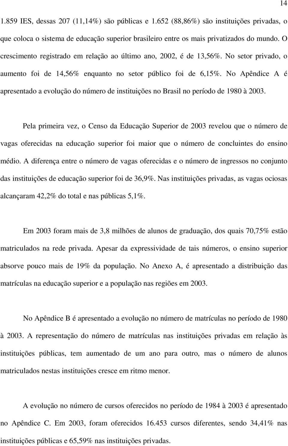 No Apêndice A é apresentado a evolução do número de instituições no Brasil no período de 1980 à 2003.