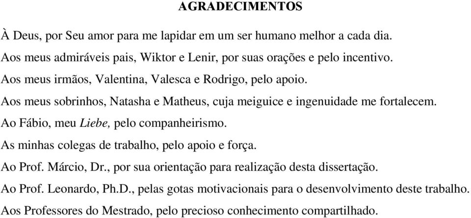 Aos meus sobrinhos, Natasha e Matheus, cuja meiguice e ingenuidade me fortalecem. Ao Fábio, meu Liebe, pelo companheirismo.