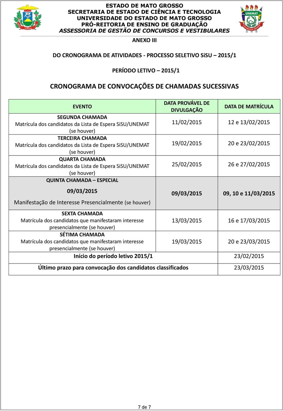 houver) QUINTA CHAMADA ESPECIAL 09/03/2015 Manifestação de Interesse Presencialmente (se houver) DATA PROVÁVEL DE DIVULGAÇÃO DATA DE MATRÍCULA 11/02/2015 12 e 13/02/2015 19/02/2015 20 e 23/02/2015