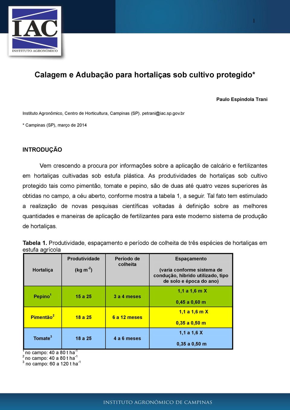 As produtividades de hortaliças sob cultivo protegido tais como pimentão, tomate e pepino, são de duas até quatro vezes superiores às obtidas no campo, a céu aberto, conforme mostra a tabela 1, a