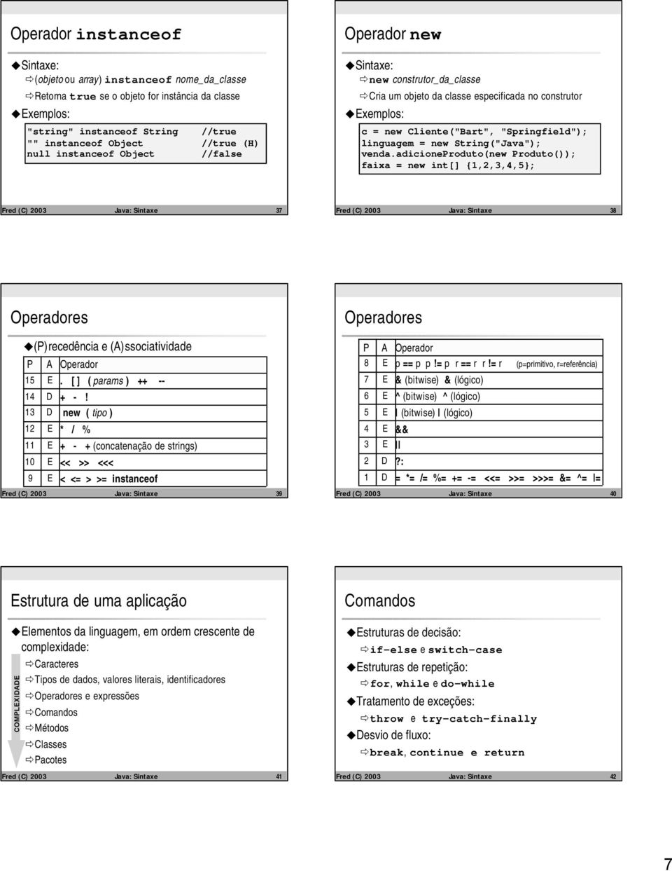 venda.adicioneproduto(new Produto()); faixa = new int[] {1,2,3,4,5; Fred (C) 2003 Java: Sintaxe 37 Fred (C) 2003 Java: Sintaxe 38 Operadores (P)recedência e (A)ssociatividade P A Operador 15 E.