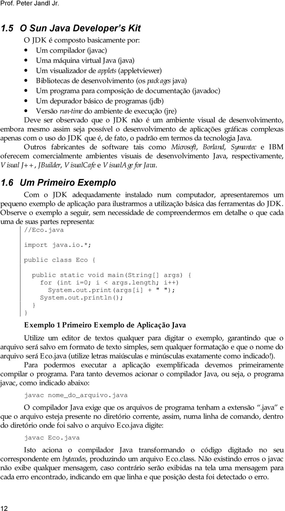 packages java) Um programa para composição de documentação (javadoc) Um depurador básico de programas (jdb) Versão run-time do ambiente de execução (jre) Deve ser observado que o JDK não é um