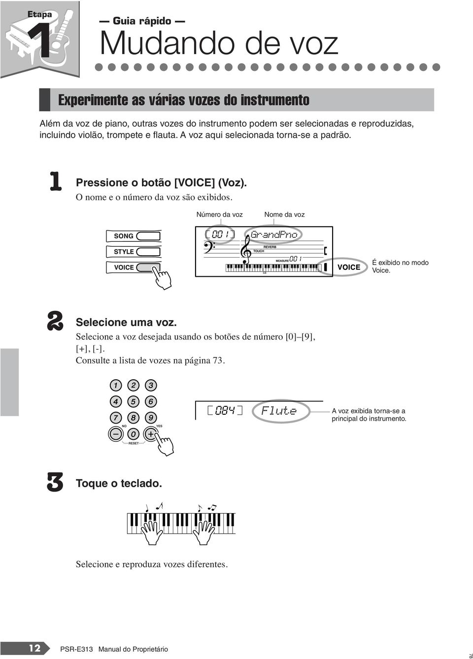 Número da voz 001 Nome da voz GrandPno 001 É exibido no modo Voice. 2 Selecione uma voz. Selecione a voz desejada usando os botões de número [0] [9], [+], [-].