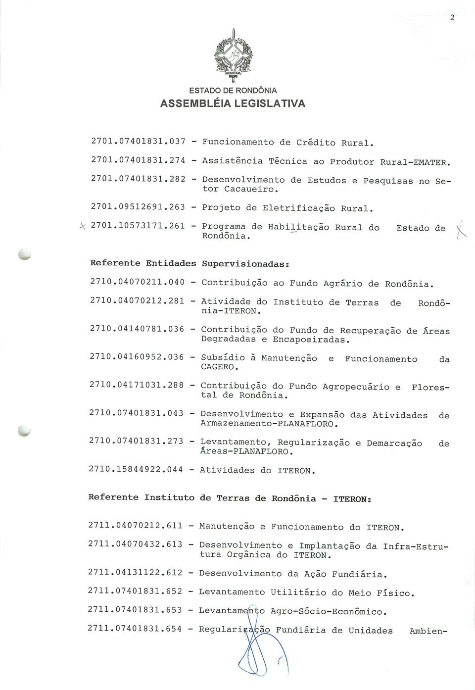 f Referente Entidades Supervisionadas: 2710.04070211.040 - Contribuição ao Fundo Agrário de Rondônia. 2710.04070212.281 - Atividade do Instituto de Terras de Rondônia-ITERON. 2710.04140781.