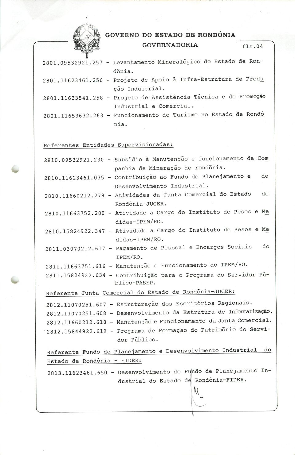 Funcionamento do Turismo no Estado de Rondo nia. Referentes Entidades Supervisionadas 2810.09532921.230 - Subsídio ã Manutenção e funcionamento da Com panhia de Mineração de rondônia. 2810.11623461.