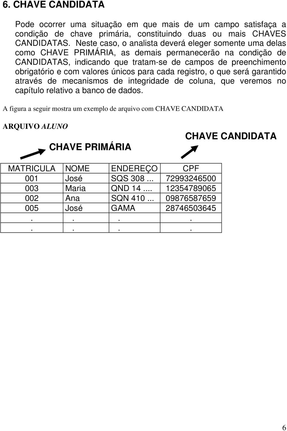 registro, o que será garantido através de mecanismos de integridade de coluna, que veremos no capítulo relativo a banco de dados A figura a seguir mostra um exemplo de arquivo com CHAVE