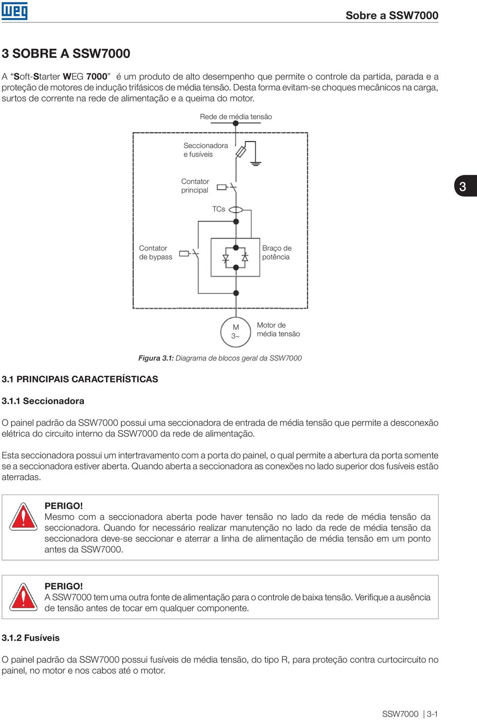 Rede de média tensão Seccionadora e fusíveis Contator principal 3 TCs Contator de bypass Braço de potência M 3~ Motor de média tensão 3.1 PRINCIPAIS CARACTERÍSTICAS 3.1.1 Seccionadora Figura 3.