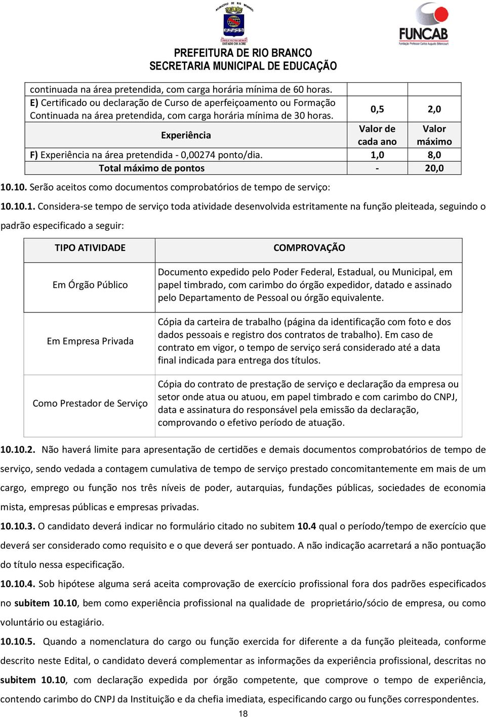 0,5 2,0 Experiência Valor de Valor cada ano máximo F) Experiência na área pretendida - 0,00274 ponto/dia. 1,0 8,0 Total máximo de pontos - 20,0 10.