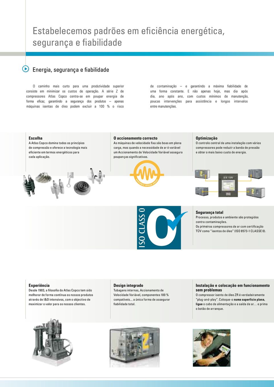 A série Z de compressores Atlas Copco centra-se em poupar energia de forma eficaz, garantindo a segurança dos produtos apenas máquinas isentas de óleo podem excluir a 100 % o risco de contaminação e