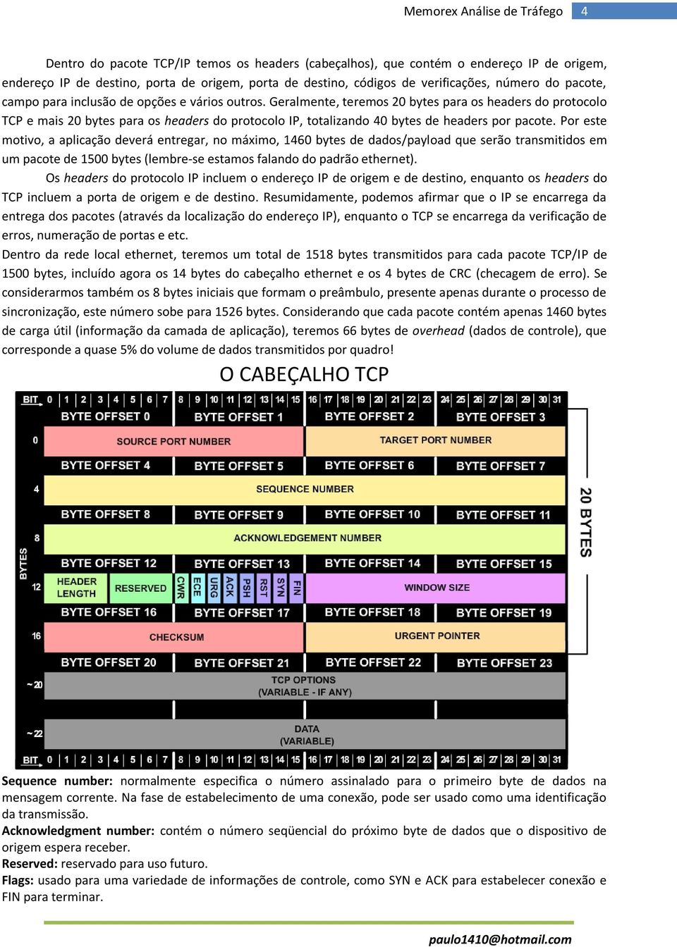 Geralmente, teremos 20 bytes para os headers do protocolo TCP e mais 20 bytes para os headers do protocolo IP, totalizando 40 bytes de headers por pacote.